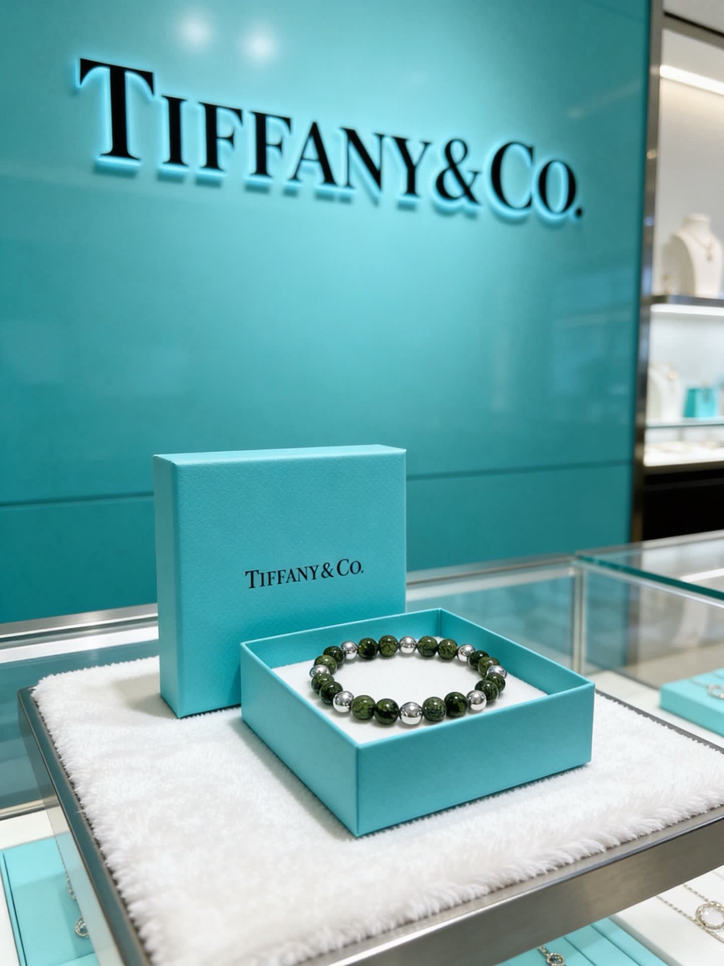 Tiffany & Co Green Stone Beaded Bracelet with Silver Accents